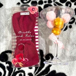 Belle Maison Dark Red Spa Headband & 7pc Champagne  Bath Bomb Set! New with tags